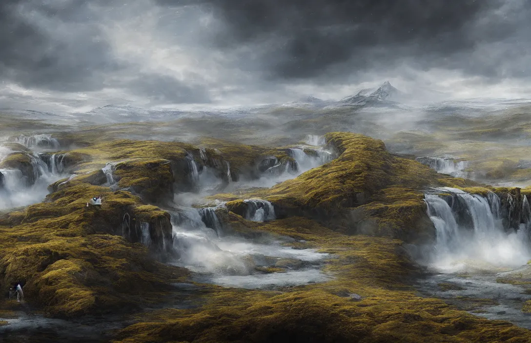 Image similar to a huge arc far away in a hyperreal mattepainting icelandic landscape, detailed dreamscape, hyperreal phantastic, intricate details in environment, golden ratio, high aestehtic, waterfall cascades, cinematic light dramatic light, lightrays, flying birds in distance, trending on artstation