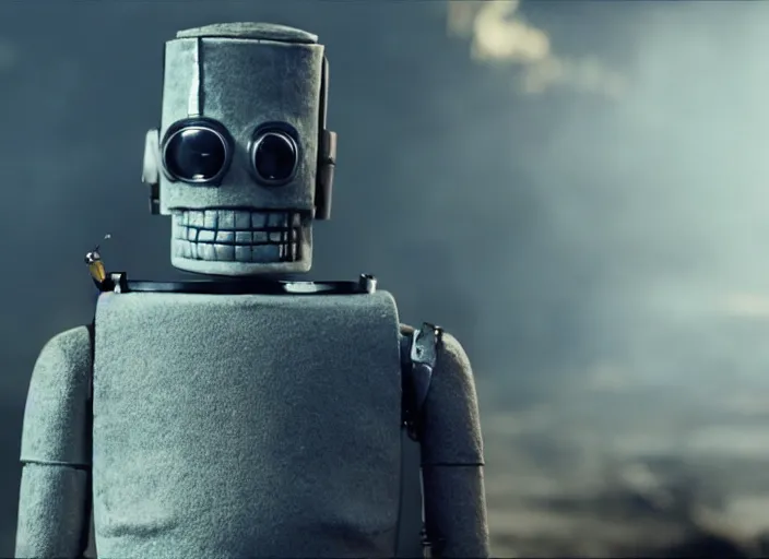 Prompt: film still of bender with a panel in his chest and a cigar in his mouth in the new scifi movie, 4 k