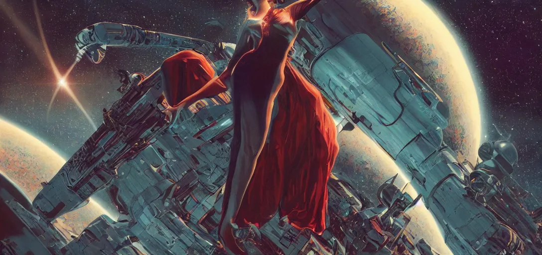 Image similar to Eva Green as a stunning , beautiful retro SCI-FI space heroine 1985 , star ship taking off in the background on the left side , movie poster, intricate, elegant, highly detailed, centered, digital painting, trending on artstation, concept art, smooth, sharp focus, illustration, art by raphael lacoste ,eddie mendoza ,alex ross, WLOP