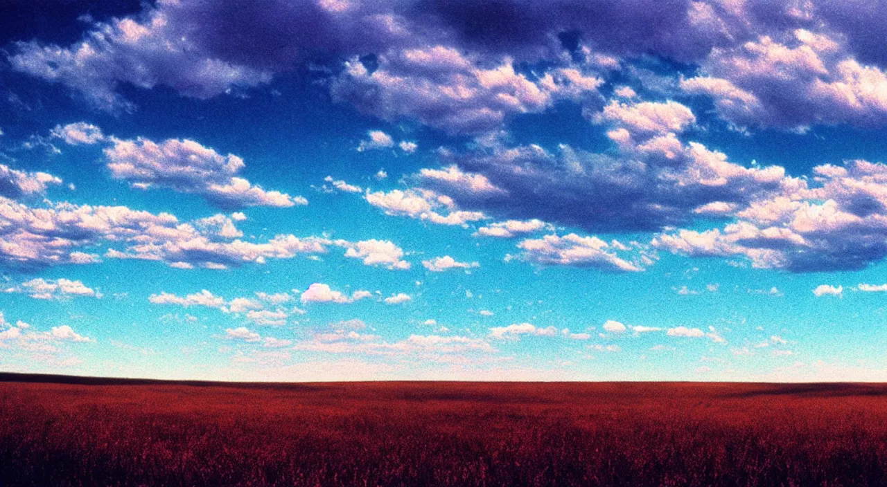 Image similar to film still of kansas landscape and sky, intricate, beautiful, serene, majestic, detailed, ultra, mega, super, visable sounds waves