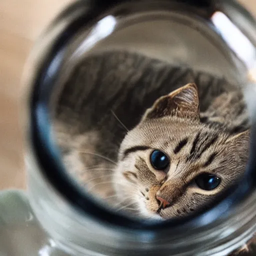 Image similar to close up photograph of a cat in a pickle jar.