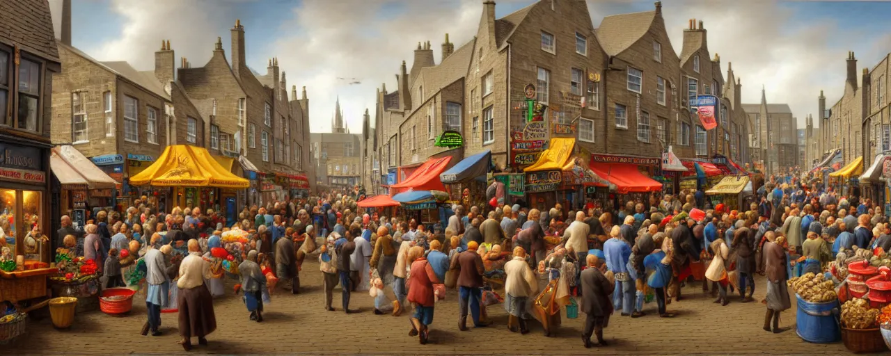 Prompt: a miniature diorama of street life in kirkwall orkney, by kevin sloan, colorful, busy crowds, fish market stalls, dutch masters, very detailed, octane render, cinematic lighting, 8 k, hd