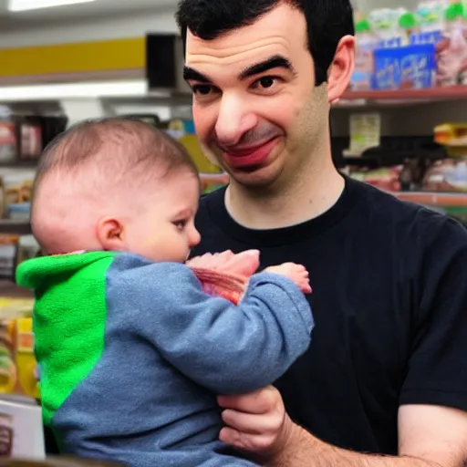 Image similar to Nathan fielder holding a baby in a 7 eleven,