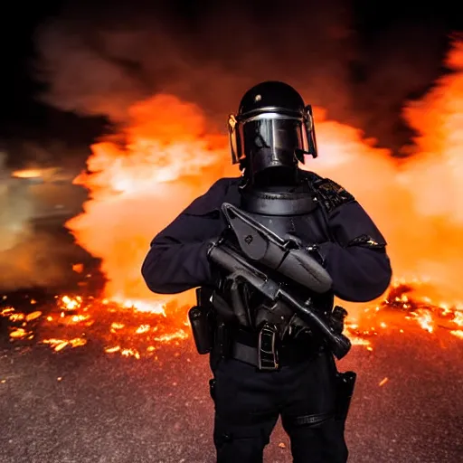 Image similar to portrait of a anti-riot policeman on fire , front, centered, riot background, at night, mid shot , editorial photography