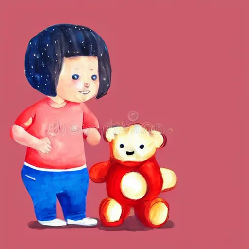 Image similar to little kid with red shirt in his room holding teddy bear in style ofwater colors illustration