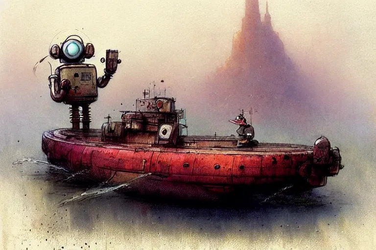 Prompt: adventurer ( ( ( ( ( 1 9 5 0 s retro future robot android mouse house boat tug boat calm stream. muted colors. ) ) ) ) ) by jean baptiste monge!!!!!!!!!!!!!!!!!!!!!!!!! chrome red