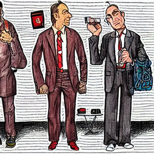 Image similar to The Artwork of R. Crumb and his Cheap Suit Saul-Goodman-Better-Call-Saul, pencil and colored marker artwork, trailer-trash lifestyle