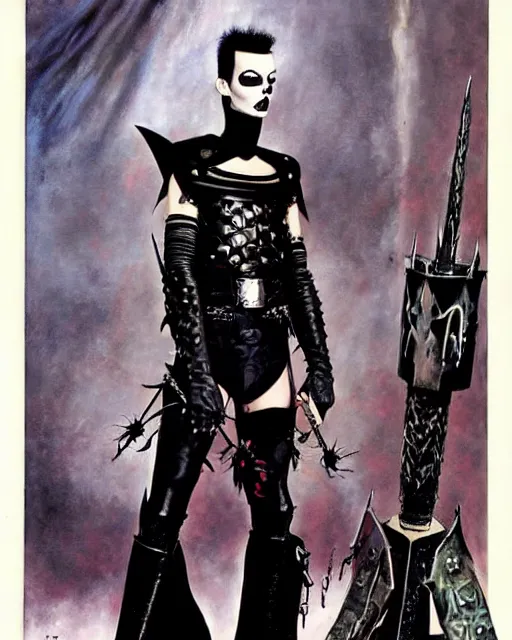 Image similar to portrait of a skinny punk goth klaus nomi wearing armor by simon bisley, john blance, frank frazetta, fantasy, thief rogue