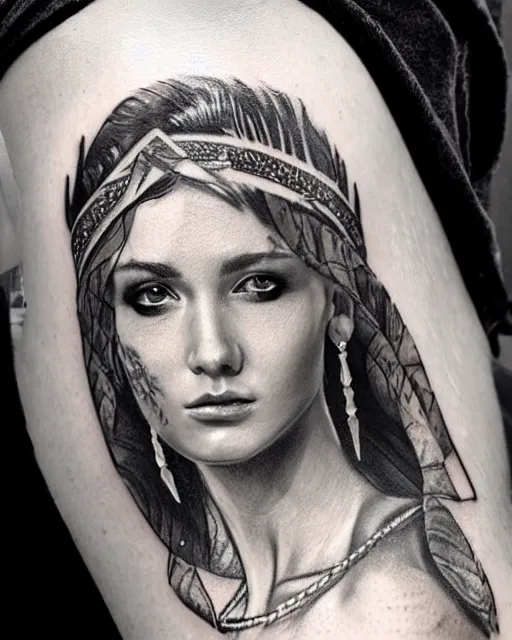 Image similar to realism tattoo sketch of a beautiful greek goddess aphrodite with piercing eyes wearing a laurel wreath and triangle earrings, in the style of greg rutkowski, amazing detail