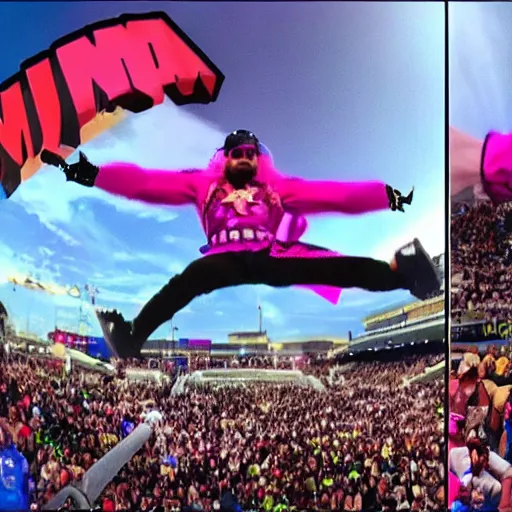 Image similar to Macho Man Randy Savage performing elbow drop from orbit. GoPro Hero 8, reentry burn, High Quality, 4k