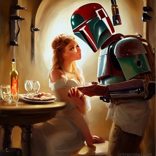 Image similar to ((Boba Fett)) and a beautiful young blonde drinking beer in a wine cellar, food, meat, schnapps, torches on the wall, romantic, inviting, cozy, painting by Vladimir Volegov