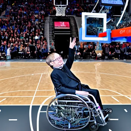 Image similar to photograph of stephen hawking in a wheelchair flying in the air dunking, highlights of the 2 0 1 9 nba slam dunking contest