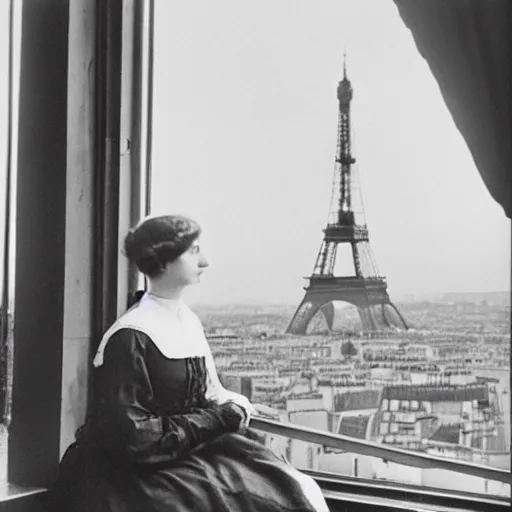 Image similar to a young edwardian woman sits in a window overlooking paris with the eiffel tower visible in the background, the moon is behind the eiffel tower