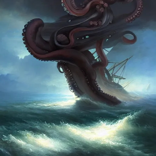 Image similar to An octopus emerging from the stormy ocean depths attacking a 17th century Ship-of-the-line, atmospheric, dramatic, concept art by Peter Mohrbacher