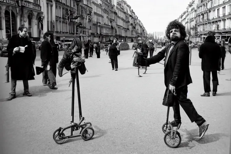 Image similar to peter dinklage on stilts walking in the hazzy streets of paris, in the style of eugene atget and peter witkin