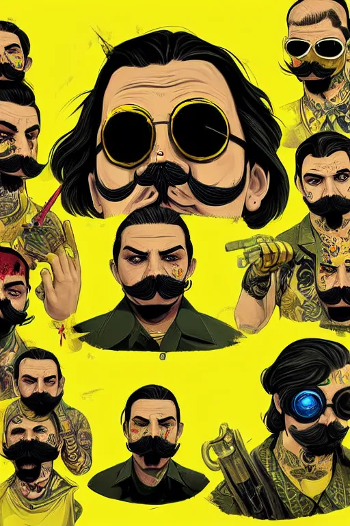 Image similar to gang saints wear yellow bandanas, and some of them have thick mustaches, their eyes are sharp, pop art style, dynamic comparison, proportional, professional art, bioshock art style, gta chinatowon art style, hyper realistic, face and body clarity, complicated, intricate, concept art, art by argerm dan richard hamilton