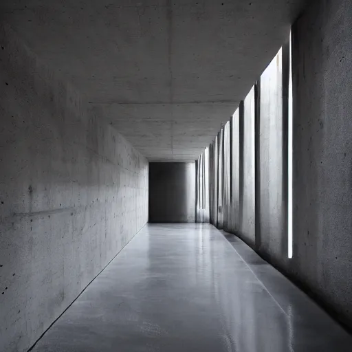 Image similar to underground concrete room, flooded, minimalist architecture, surreal, liminal space, angled walls, high ceiling,