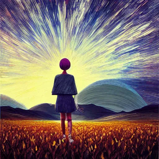 Image similar to giant daisy flower as a head, girl walking in wheat field, hills, surreal photography, moon light, dark night, star trails, dramatic light, impressionist painting, clouds, digital painting, artstation, simon stalenhag