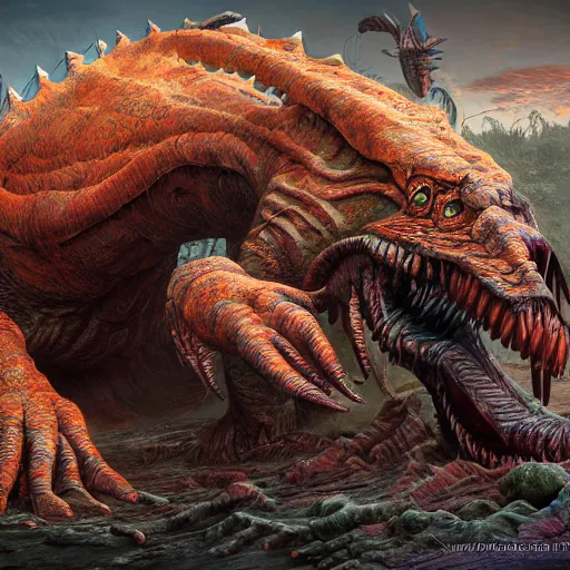 Prompt: dukhara scavenger, colossal dreadmaw, driven, highly detailed, digital painting, HDRI, by Randy Vargas and wayne barlowe, vivid colors, high contrast, 8k resolution, intricate, photorealistic, smooth