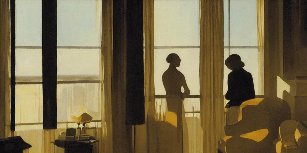 Prompt: a couple in a hotel room by the window, peaceful, quiet, morning sunlight, by edward hooper