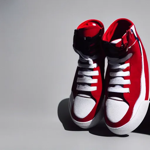 Image similar to a studio photoshoot of new Nike high top sneaker with red white wave stripes, designed by Virgil Abloh, leather and suede, Off-White, realistic, color film photography by Tlyer Mitchell, 35 mm, graflex