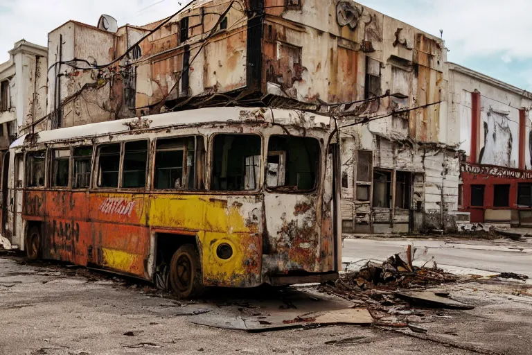 Prompt: low wide angle shot of dilapidated fallout 5 miami, european small town, desolate, dilapidated neon signs, few rusted retro futuristic vintage parked vehicles like cars, buses, trucks, trams, volumetric lighting, photorealistic, daytime, autumn, sunny weather, sharp focus, ultra detailed, f 1. 4, 4 0 0 0 k