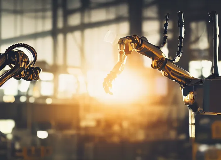 Image similar to a 3 5 mm photo of a robotic arm in a factory, bokeh, canon 5 0 mm, cinematic lighting, film, photography, golden hour, depth of field, award - winning