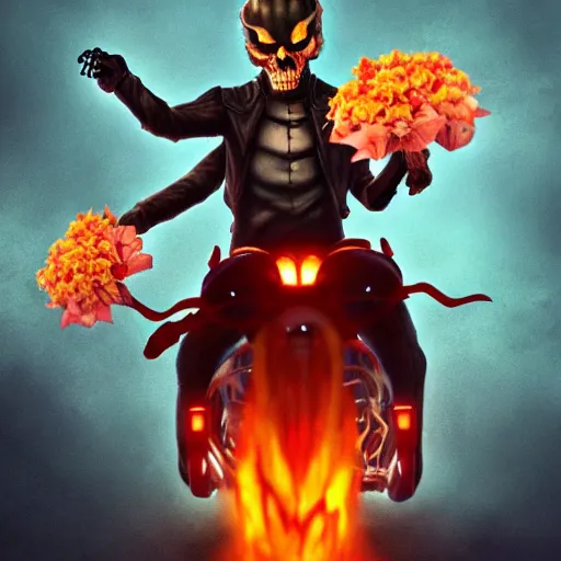 Image similar to Ghost-Rider, holding flowers, Dreamwork animation, 8k, trending on artstation, hyperdetalied,