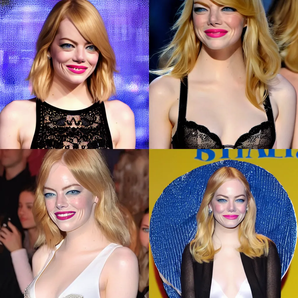 Prompt: blonde Emma Stone on Victoria's Secret Fashion Show, face zoom.