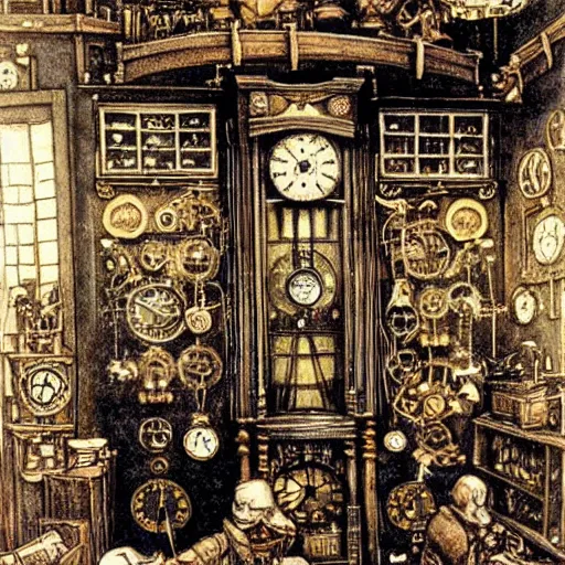 prompthunt: interior of a steampunk clock shop, father time, wooden  grandfather clocks everywhere, realistic, very intricate masterpiece by  arthur rackham