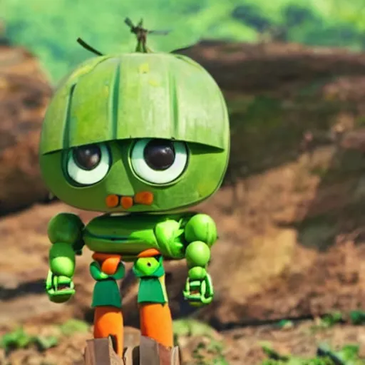 Image similar to robot made of vegetables with big avocado head and a carrot sword, made in abyss style