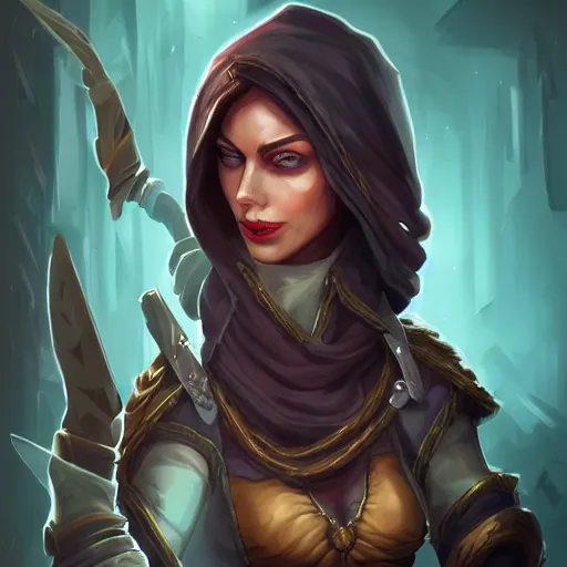 Image similar to Portrait of full body of female rogue, intricate, elegant, highly detailed, digital painting, artstation, concept art, smooth, sharp focus, illustration, art by MasterHearthstone, Hearthstone art style