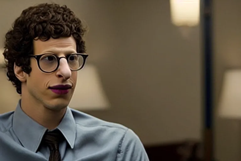 Image similar to a cinematic still from the social network movie of ((andy samberg))