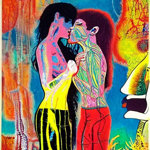 Image similar to beautiful painting of two bizarre psychedelic women kissing each other closeup in an aquarium in spain, speculative evolution, mixed media collage by basquiat and alex grey, magazine collage art, sapphic art, lesbian art