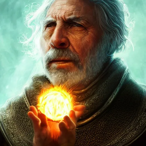 Prompt: A stunning portrait of a powerful wizard. He casts a spell, an orb of magical fire hovers above his hands. Epic fantasy art. Award-winning on Artstation. Sharp. HD. 4K. 8K
