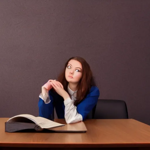 Image similar to an attractive wizard female sitting at a desk pondering her orb