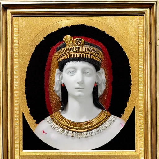 Image similar to portrait of cleopatra made of white marble and black onyx fusion, gold and red splatters, by michelangelo,