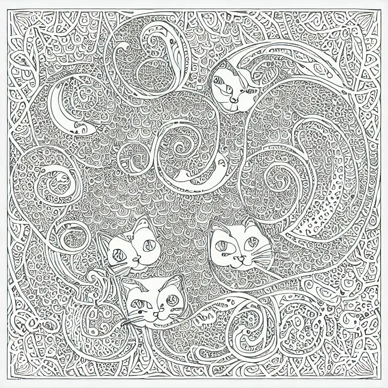 Image similar to cats ornaments fractal ink drawing line art colouring page, vector, margins, fine lines, centered