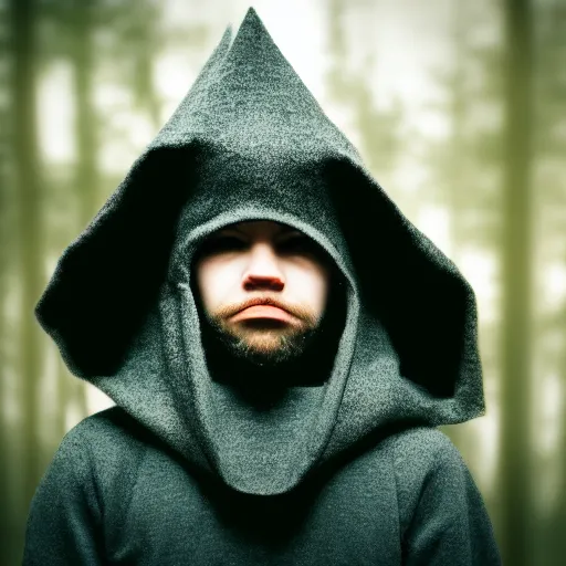 Image similar to portrait of a mysterious wizard with a Hood, bright eyes, fantasy, bokeh, magic lights, cinematic