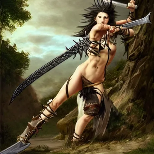 Image similar to realistic art style, warrior girl, muscular girl, wild spiky black hair, long spiky hair, electrified hair, holding scimitar made of bone, scimitar, sword, jagged sword, curved sword, orkish sword, colorized, gray skin, hyper - detailed, primeval fantasy, prehistoric fantasy, art by jacques - louis david