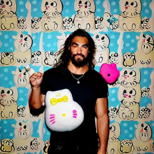 Prompt: Jason Momoa holding a Hello Kitty plushie, lowbrow painting by Mark Ryden