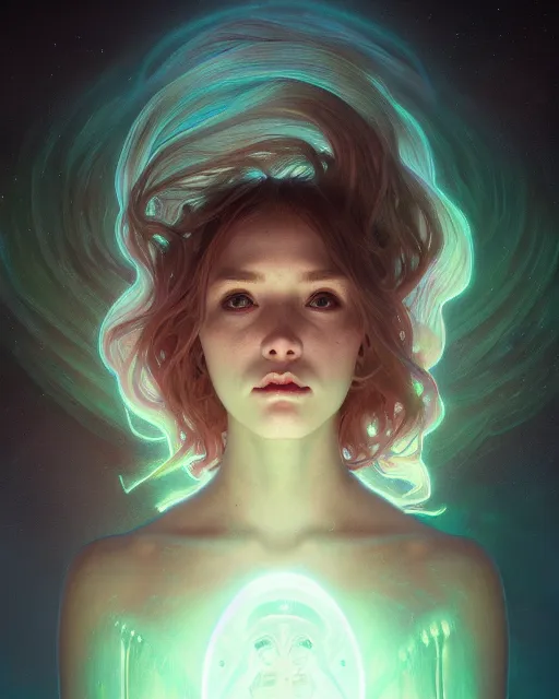 Image similar to one singular portrait of a sad bioluminescent creature, highly detailed, digital painting, cinematic, hyper realism, dark retrowave, art by stanley lau and artgerm and magali villeneuve and alphonse mucha, artstation, octane render, cgsociety