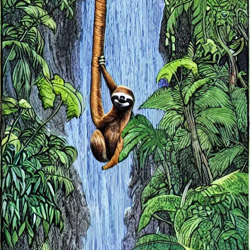 Prompt: a sloth hanging in a tree in a lush jungle, waterfall, drawing by moebius