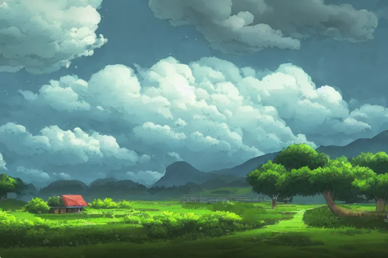 Image similar to landscape, summer, rain, morning, beautiful cloud, quiet, no people, Anime Background, illustration, sharp focus, intricate, super wide angle, trending on artstation, trending on deviantart, pixelart, pixelperfect, pixel art, pixel, color limit, nearest neighbor, hard edges