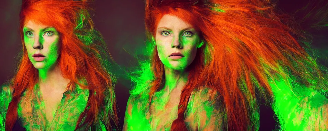 Prompt: redhead woman with green eyes, looking down, wearing green tribal clothing, glowing orange halo around her head, dramatic stage lighting, vibrant colours, hyperrealistic