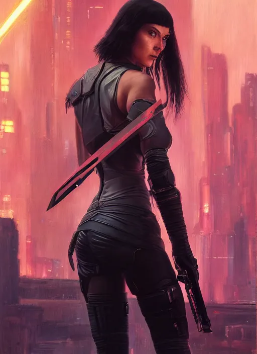 Image similar to Cyberpunk swordswoman in futuristic clothes (blade runner 2049, cyberpunk 2077). Orientalist portrait by john william waterhouse and James Gurney and Theodore Ralli and Nasreddine Dinet, oil on canvas. Cinematic, hyper realism, realistic proportions, dramatic lighting, high detail 4k