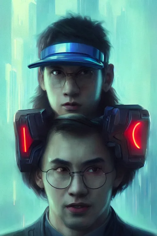 Image similar to portrait Ron Wisly with visor in cyberpunk, harry potter, neon lighting, night city, digital art from artstation by Ruan Jia and Mandy Jurgens and Artgerm and william-adolphe bouguereau and Greg Rutkowski