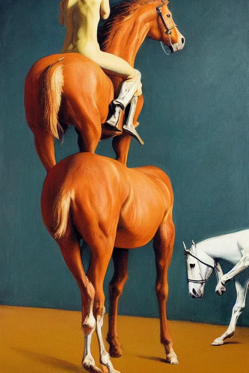 Prompt: a horse stands on the back of a horse c with head astronaut, hauntingly surreal, highly detailed painting by francis bacon, edward hopper, adrian ghenie, gerhard richter, and james jean soft light 4 k,