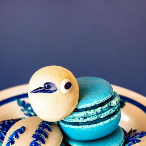 Prompt: photo of blue jay standing on a bowl of several blue macaroons