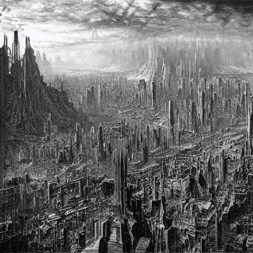 Image similar to dieselpunk city drawn by gustave dore
